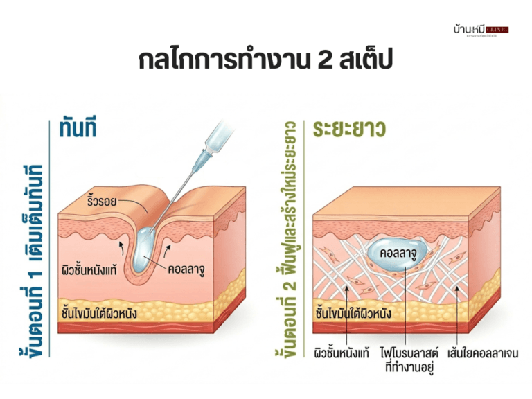 ภาพตัดขวางชั้นผิวหนังแสดงกลไก 2 ขั้นตอนของการฉีด Collaju คือการเติมเต็มร่องลึกทันที และการกระตุ้นคอลลาเจนใหม่ในระยะยาว